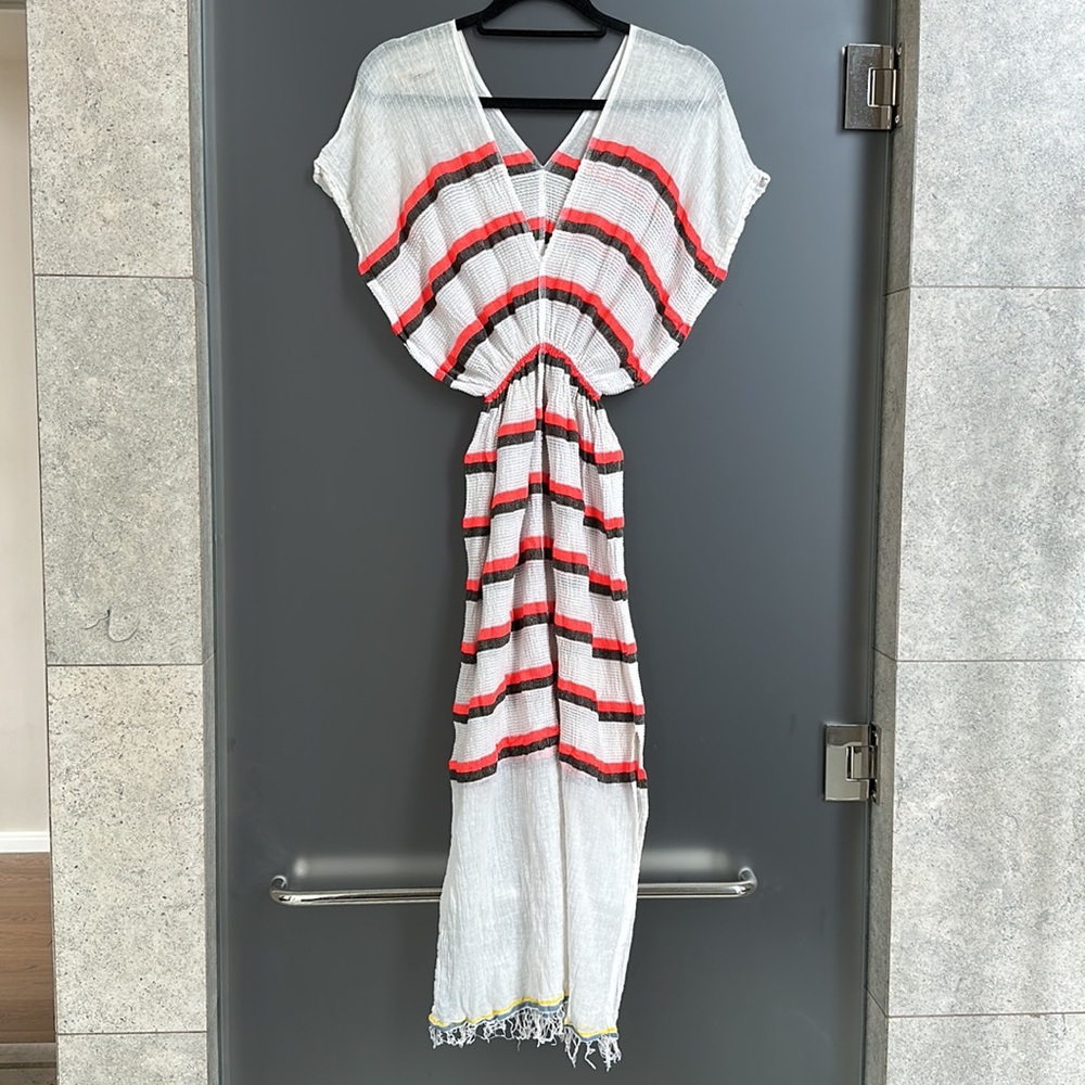 LemLem Kaftan Tunic Fringe Patio Cover Up White Neon Orange Red Striped Dress
